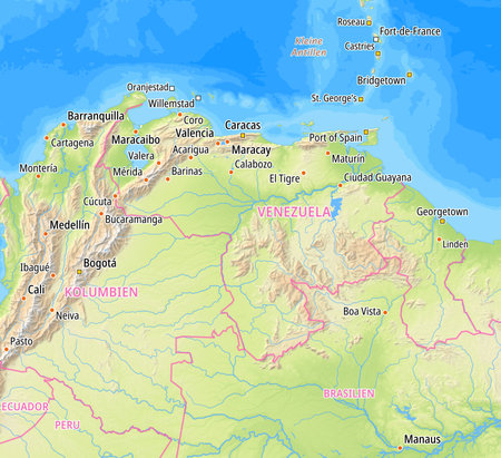 Map of Venezuela and surrounding countries With German country names. Place names In German are used depending on availability.の写真素材