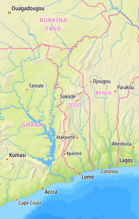 Map of Togo and surrounding countries With German country names. Place names In German are used depending on availability.の写真素材