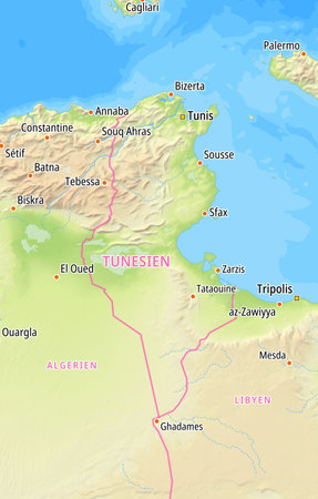 Map of Tunisia and surrounding countries With German country names. Place names In German are used depending on availability.の写真素材
