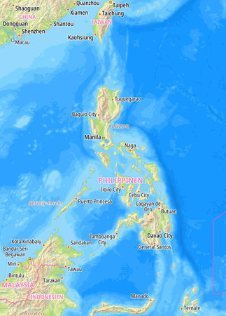 Map of the Philippines and surrounding countries With German country names. Place names In German are used depending on availability.の写真素材