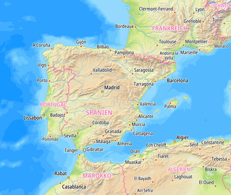 Map of Spain and surrounding countries With German country names. Place names In German are used depending on availability.の写真素材