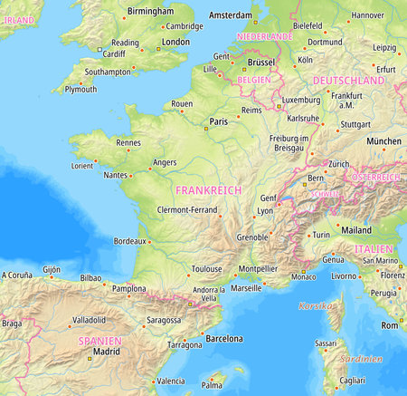 Map of France and surrounding countries With German country names. Place names In German are used depending on availability.の写真素材