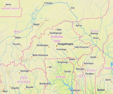Map of Burkina Faso and surrounding countries With German country names. Place names In German are used depending on availability.の写真素材