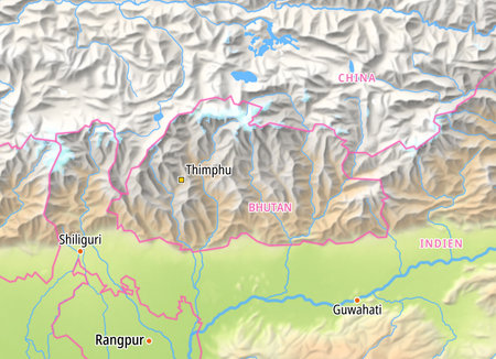 Map of Bhutan and surrounding countries With German country names. Place names In German are used depending on availability.の写真素材