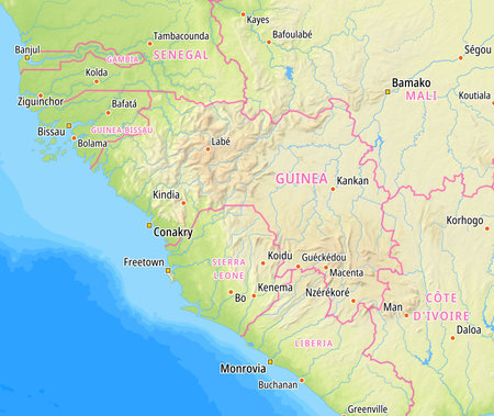Map of Guinea and surrounding countries With German country names. Place names In German are used depending on availability.の写真素材