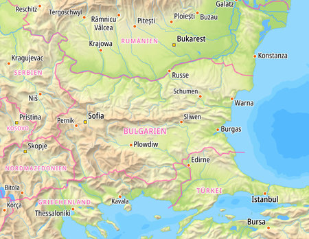 Map of Bulgaria and surrounding countries With German country names. Place names In German are used depending on availability.の写真素材