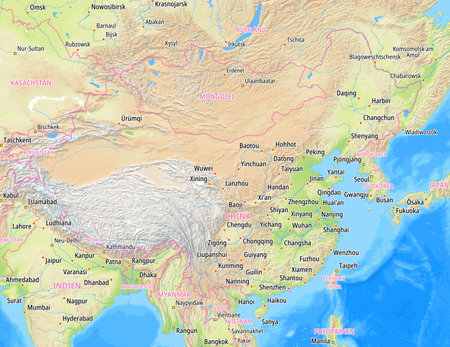 Map of People's Republic of China and surrounding countries With German country names. Place names In German are used depending on availability.の写真素材
