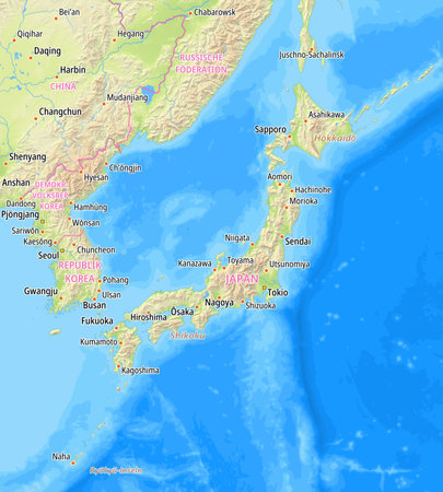 Map of Japan and surrounding countries With German country names. Place names In German are used depending on availability.の写真素材