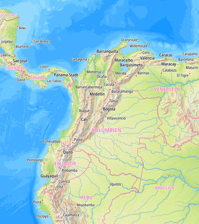 Map of Colombia and surrounding countries With German country names. Place names In German are used depending on availability.の写真素材