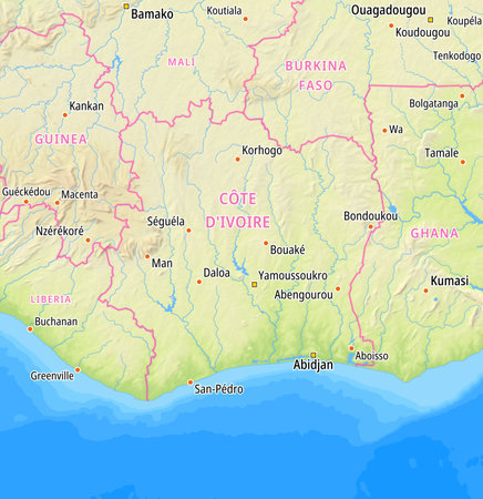 Map of Ivory Coast and surrounding countries With German country names. Place names In German are used depending on availability.の写真素材