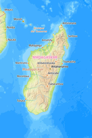 Map of Madagascar and surrounding countries With German country names. Place names In German are used depending on availability.の写真素材