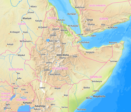 Map of Ethiopia and surrounding countries With German country names. Place names In German are used depending on availability.の写真素材