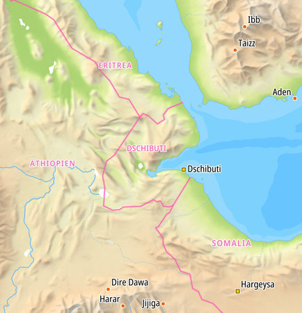 Map of Djibouti and surrounding countries With German country names. Place names In German are used depending on availability.の写真素材