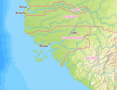 Map of Guinea-Bissau and surrounding countries With German country names. Place names In German are used depending on availability.の写真素材