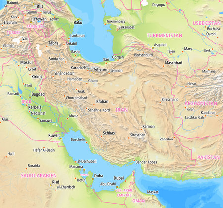 Map of Iran and surrounding countries With German country names. Place names In German are used depending on availability.の写真素材