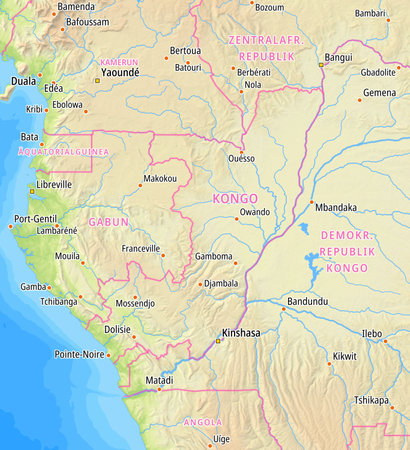 Map of the Republic of the Congo and surrounding countries With German country names. Place names In German are used depending on availability.の写真素材
