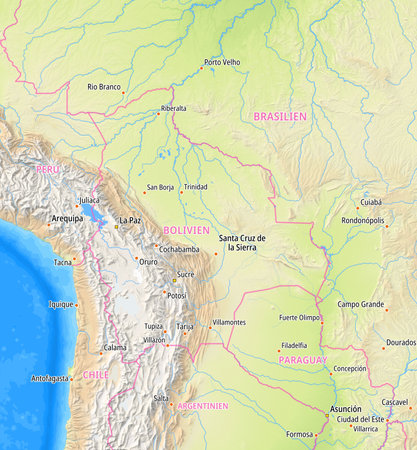 Map of Bolivia and surrounding countries With German country names. Place names In German are used depending on availability.の写真素材