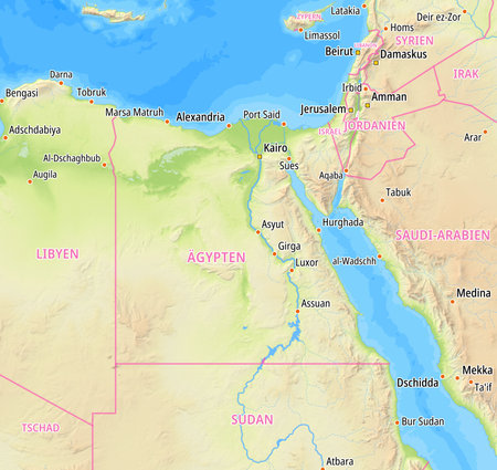Map of Egypt and surrounding countries With German country names. Place names In German are used depending on availability.の写真素材