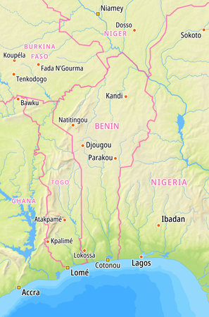 Map of Benin and surrounding countries With German country names. Place names In German are used depending on availability.の写真素材