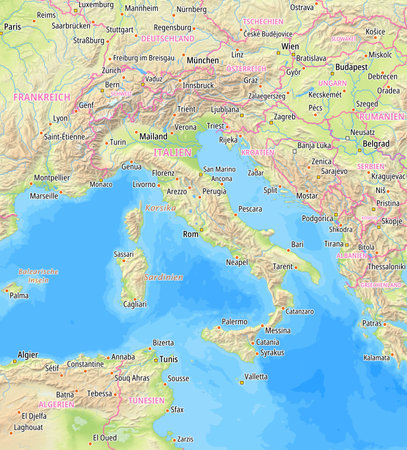 Map of Italy and surrounding countries With German country names. Place names In German are used depending on availability.の写真素材