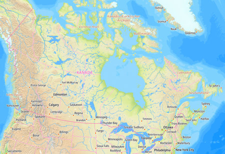 Map of Canada and surrounding countries With German country names. Place names In German are used depending on availability.の写真素材