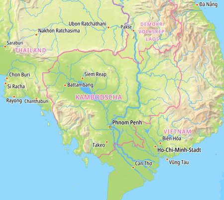Map of Cambodia and surrounding countries With German country names. Place names In German are used depending on availability.の写真素材