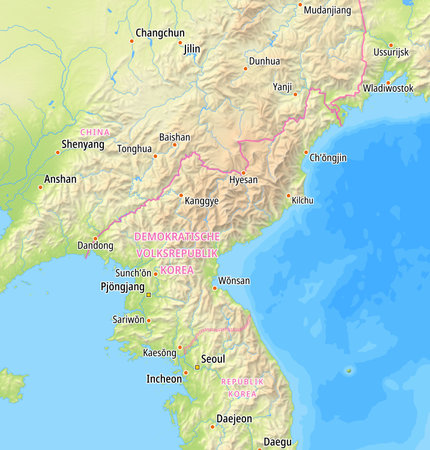 Map of the North Korea and surrounding countries With German country names. Place names In German are used depending on availability.の写真素材
