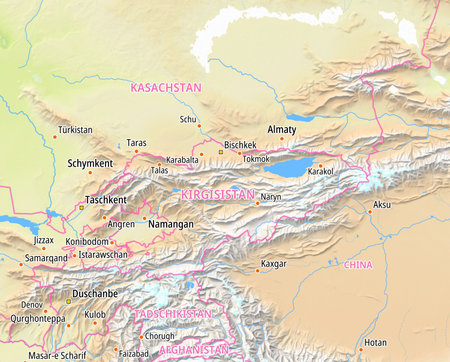 Map of Kyrgyzstan and surrounding countries With German country names. Place names In German are used depending on availability.の写真素材