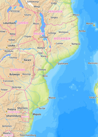 Map of Mozambique and surrounding countries With German country names. Place names In German are used depending on availability.の写真素材