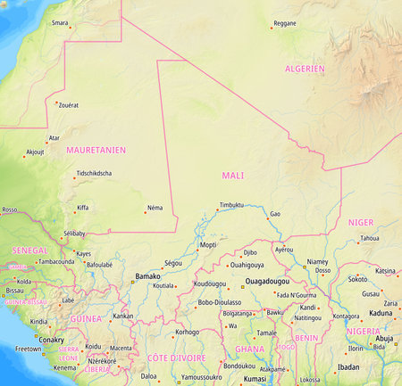 Map of Mali and surrounding countries With German country names. Place names In German are used depending on availability.の写真素材