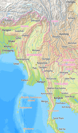 Map of Myanmar and surrounding countries With German country names. Place names In German are used depending on availability.の写真素材