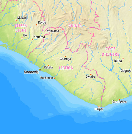 Map of Liberia and surrounding countries With German country names. Place names In German are used depending on availability.の写真素材