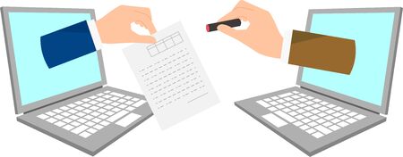 Electronic seal image@businessman holding stamp and paper in PC,vector illustrationのイラスト素材