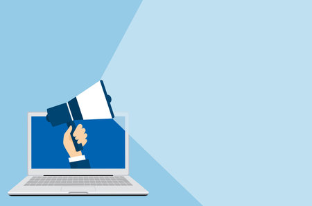 hand megaphone holding in PC,marketing image,vector image,blue backgroundのイラスト素材