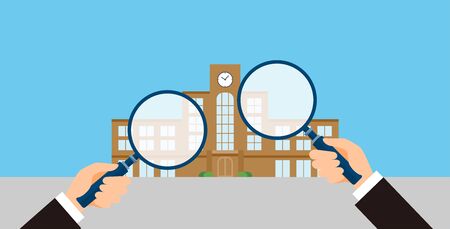 school research image, man holding magnifying glass, vector illustration, blue backgroundのイラスト素材