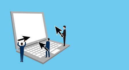 laptop and people,hand holding cursol,vector illustration,blue backgroundのイラスト素材