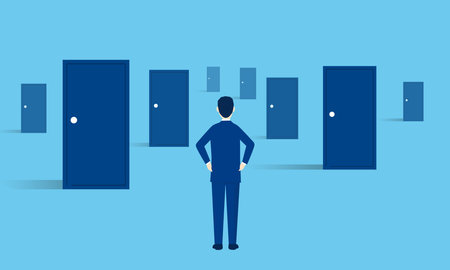 selection image,businessman standing front many doors,vector illistration,blue backgroundのイラスト素材
