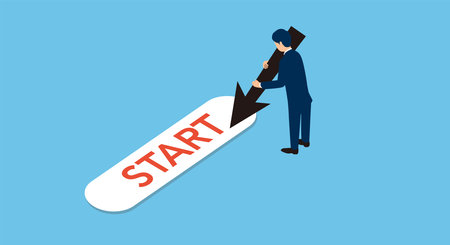 businessman pushing start button,with cursor,vector illustration,blue backgroundのイラスト素材