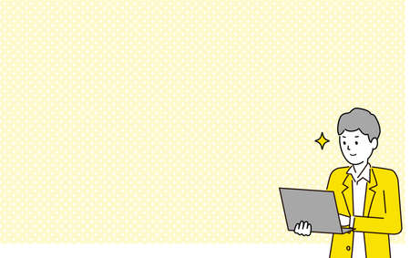 Smiling young man,hand holding laptop,copy space,vector illustrationのイラスト素材