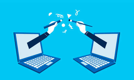 Creative team online,writer and designer in laptop,blue background,vector illustrationのイラスト素材