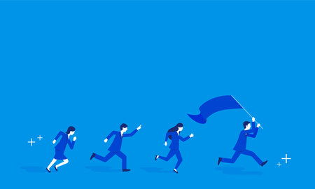 Team work image,businessperson running with flag,blue background,vector illustrationのイラスト素材