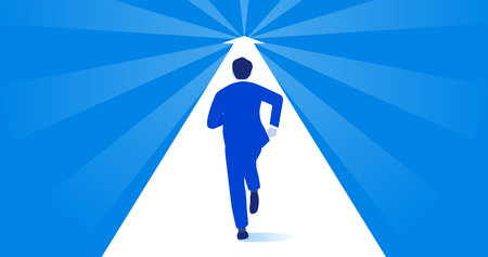 Businessman running forward on arrow,blue background,vector illustrationのイラスト素材