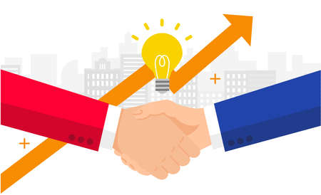 Joint business concept image,hand shaking red logo company and blue logo company,illustrationのイラスト素材