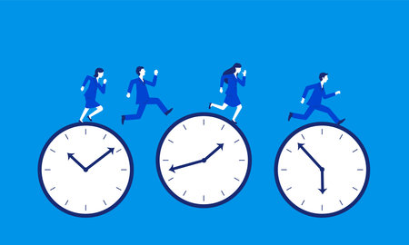 Working image,businessperson running,on clock,blue flat illustration,vector