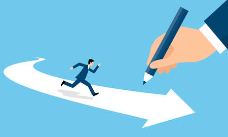 Running businessman on arrow,hand holding pencil,vector illustrationのイラスト素材