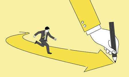Running businessman on arrow,hand holding pencil,vector illustrationのイラスト素材