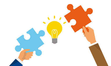 Matching and inovation image,hands holding puzzle piece,vector flat illustrationのイラスト素材