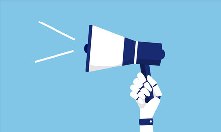 Illustration of a robotic hand holding a megaphone, image of an advertisement with artificial intelligenceのイラスト素材