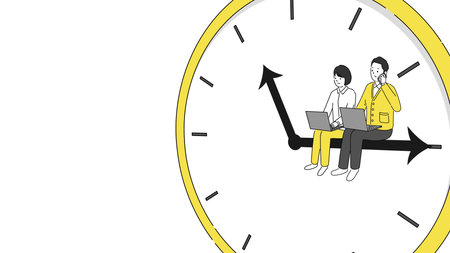 Illustration of businessman sitting and working on clock hands, copy space on left, vectorのイラスト素材