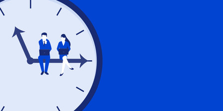 Illustration of businessman sitting and working on clock hands, copy space on right side, vectorのイラスト素材